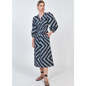 B51 Hunter Bell Clementine Chevron Midi Dress Women S Navy Puff Sleeve Smocked